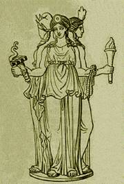 Hecate, Greek goddess of the crossroads; drawing by Stephane Mallarm in Les Dieux Antiques, nouvelle mythologie illustre in Paris, 1880