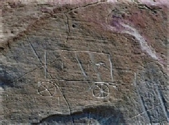 petroglyph,side view of a simple box truck carved in sandstone