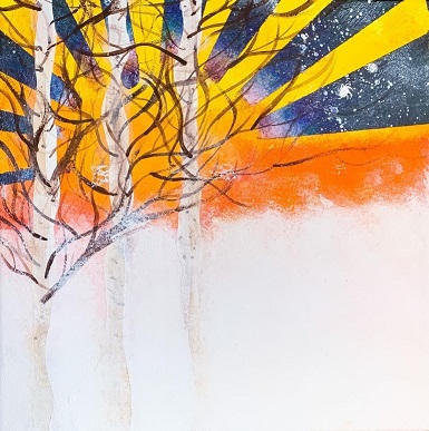a painting with snow in the foreground, and sun shining through barren trees  