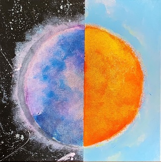 a painting of a sphere, one half is blue and white representing the moon, against a black background on left side and bright yellow, representing the sun, against a pale blue background on right side  