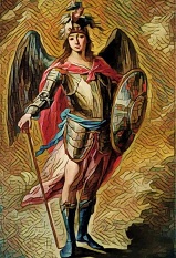 A painting of a winged person in armor 