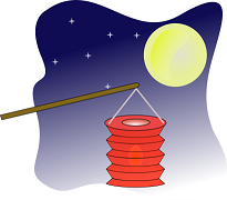 Drawing of a red lantern hanging from a stick with a full moon