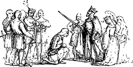Drawing of a group of people standing in a circle. In the center, a king with a sword is knighting a kneeling man 